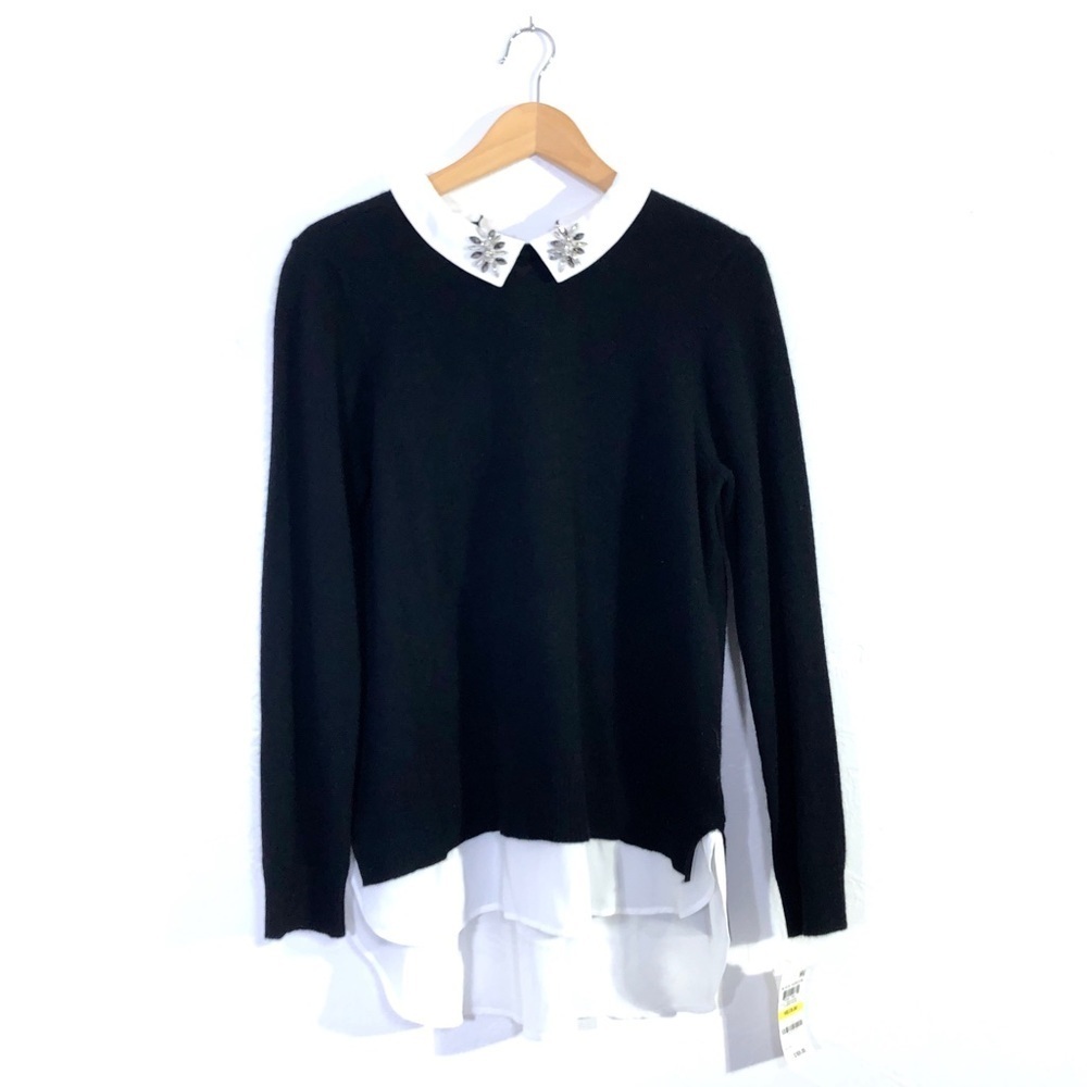 Charter Club Luxury 100% Cashmere Black White Sweater With Jeweled Collar
